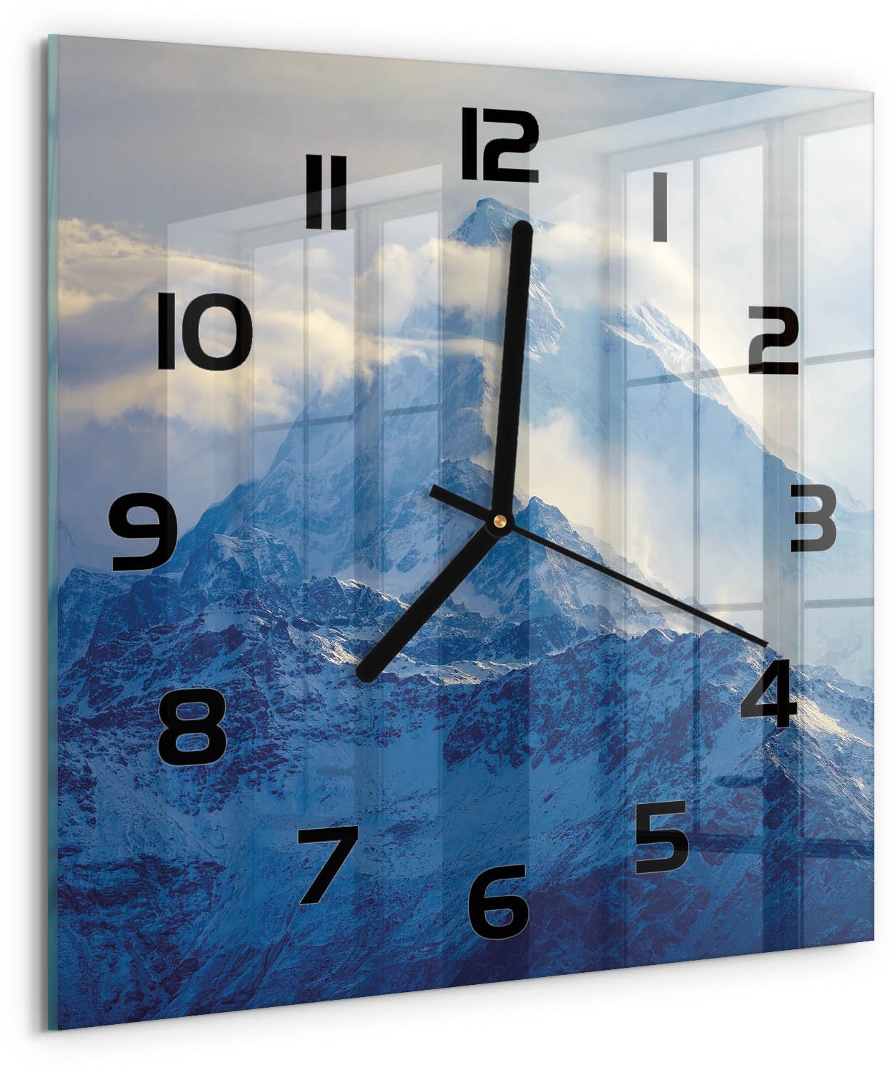 TULUP Wandklok - bergtop Decoratieve Glazen Klok - 30x30 cm - Blauw Glazen Wandklok Design - Zwarte handen - Vierkante Klok - Glazen Klok Met Print - Wandklok Glas Met Motief