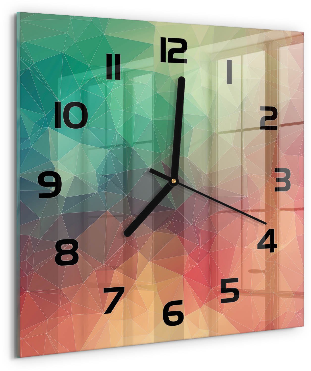 TULUP Wandklok - Geometrische achtergrond Wandklok Glas Decoratie - 30x30 cm - Veelkleurig Gekleurde Glazen Klok - Zwarte handen - Vierkante Klok - Klok Glas Met Opdruk - Moderne Wandklok Glas