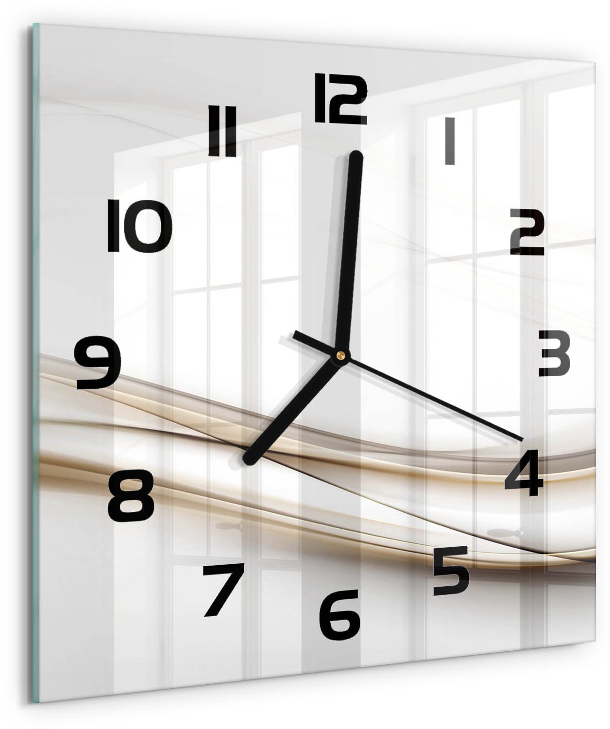TULUP Wandklok - Golfabstractie Decoratieve Glazen Klok - 30x30 cm - Beige Glazen Wandklok Design - Zwarte handen - Vierkante Klok - Glazen Klok Met Print - Wandklok Glas Met Motief