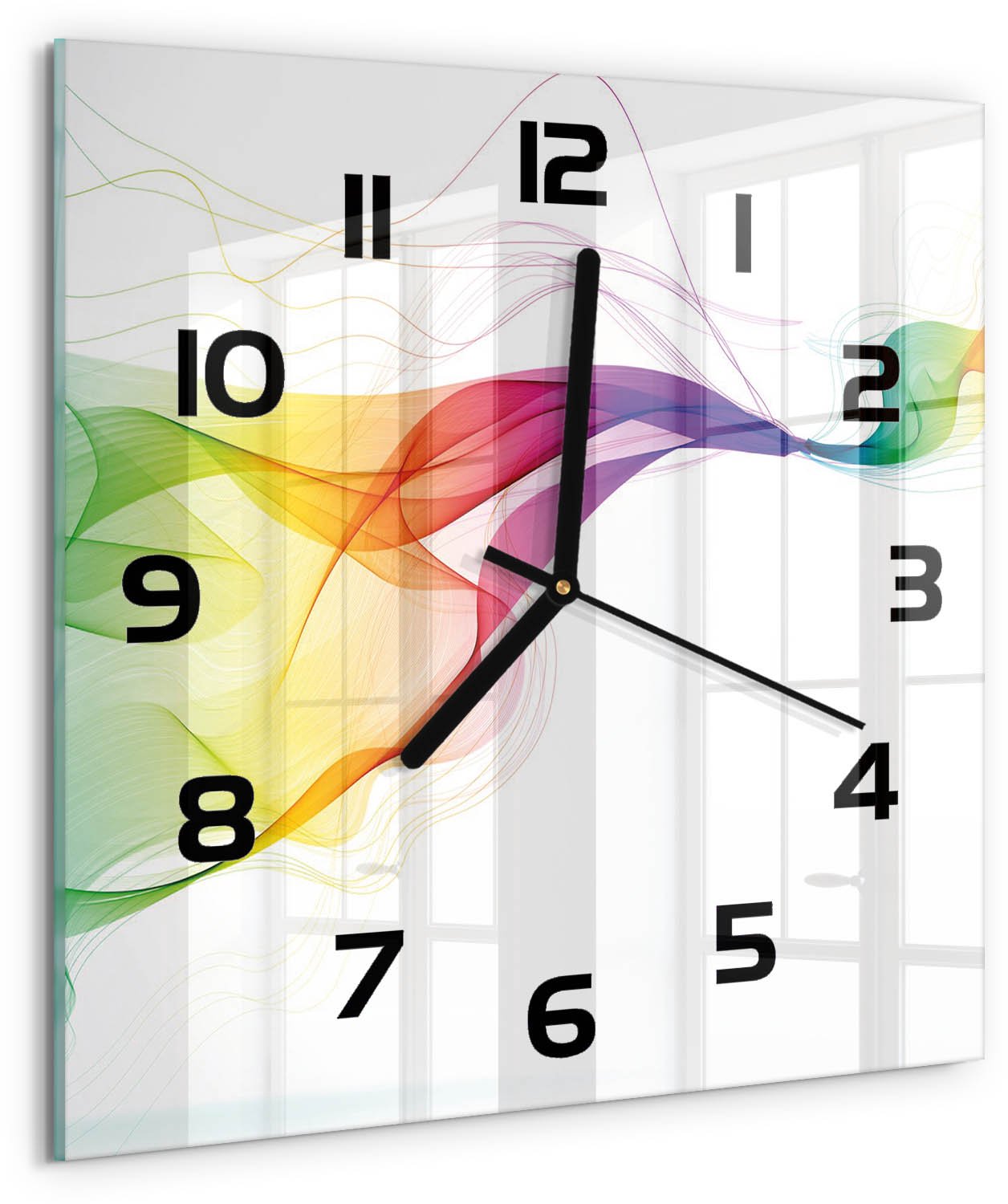 TULUP Wandklok - Kleurrijke abstractie Klok Glas Met Opdruk - 30x30 cm - Veelkleurig Moderne Wandklok Glas - Zwarte handen - Vierkante Klok - Decoratieve Glazen Klok - Glazen Wandklok Design