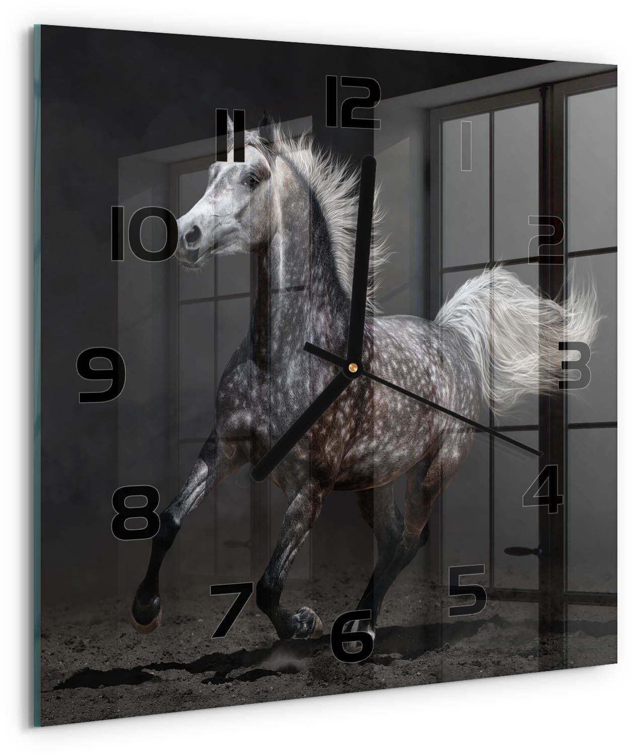 TULUP Wandklok - Grijze Arabische Paard Wandklok Glas Met Motief - 30x30 cm - Zwart Decoratieve Glazen Klok - Zwarte handen - Vierkante Klok - Gekleurde Glazen Klok - Glazen Klok Met Print