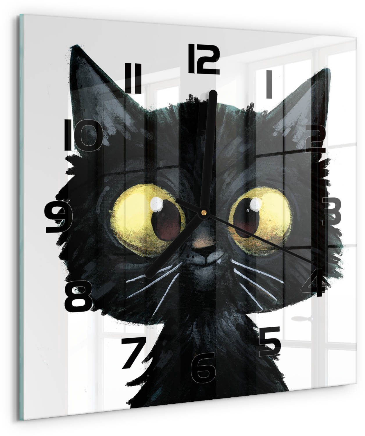 TULUP Wandklok - Kattenillustratie Gekleurde Glazen Klok - 30x30 cm - zwart Glazen Klok Met Print - Zwarte handen - Vierkante Klok - Moderne Wandklok Glas - Wandklok Glas Decoratie