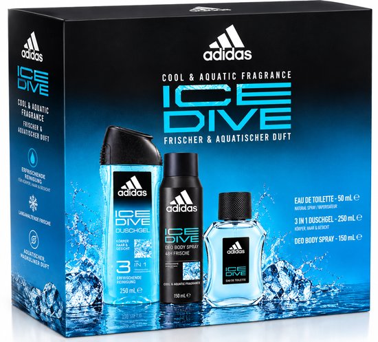 Adidas Ice Dive geschenkset met douchegel, deodorant en eau de toilette, met ijsschotsen en wateraccenten.