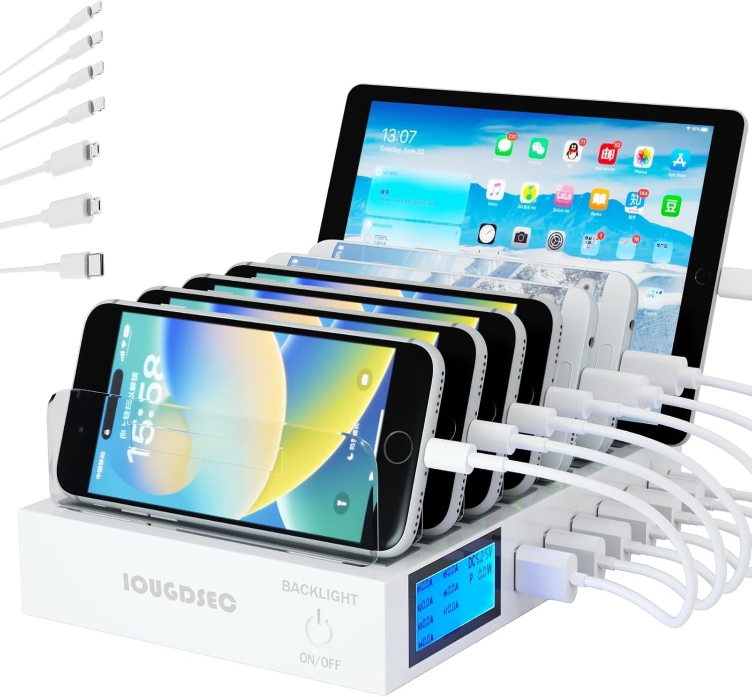 Snelle Oplaadpad met 7 in 1 Multi-Device Oplaadstation, LCD Scherm, Geschikt voor iPhone, iPad, Samsung en Huawei, Perfect voor Thuis en Kantoor