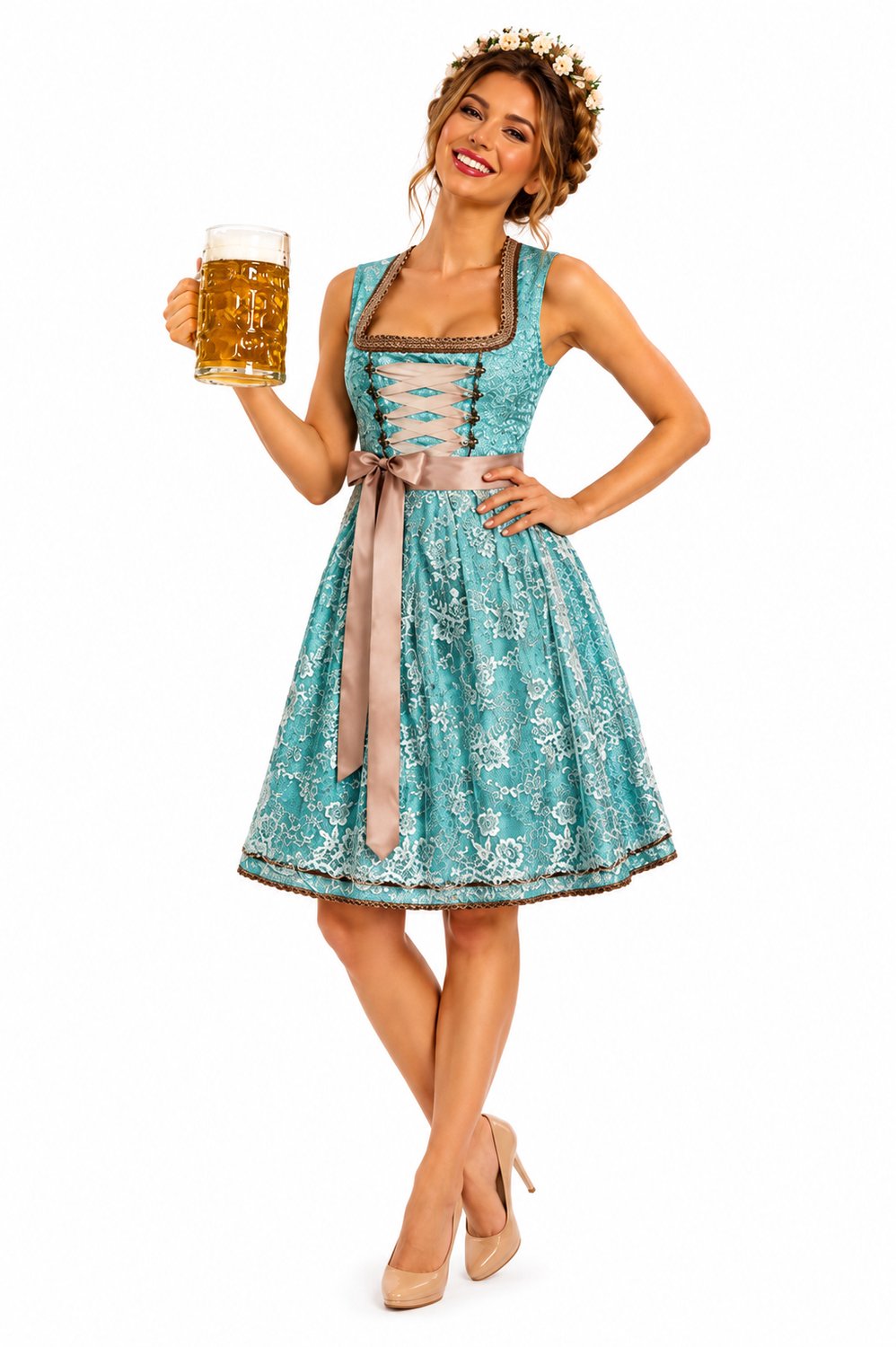 Dirndl Dames Turquoise – Oktoberfest Jurk – Tiroler Kostuum – Beierse Verkleedjurk – Mouwloos met Tailleband- maat 34