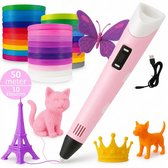 Roze 3D-pen met 50 meter filament in 10 kleuren, waaronder objecten zoals een Eiffeltoren, kat, vlinder, kroon en hond.