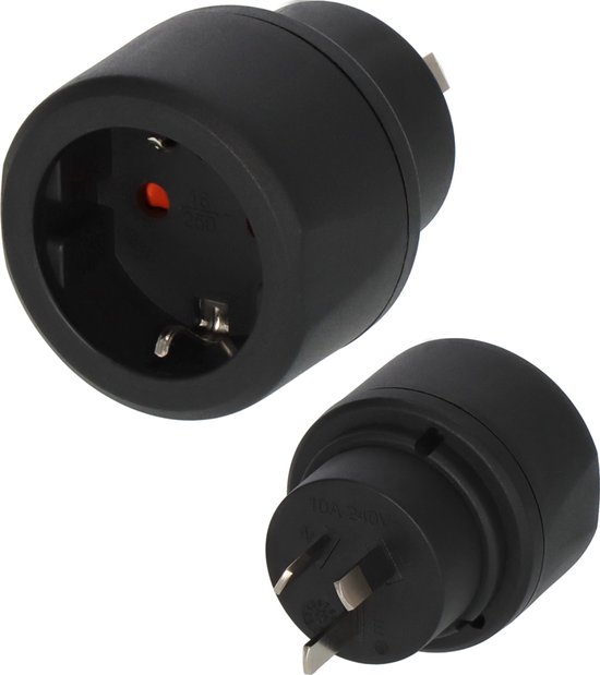 Zwarte reisstekker adapter met Australische/Chinese stekker en universeel stopcontact. Marked 10A 240V.