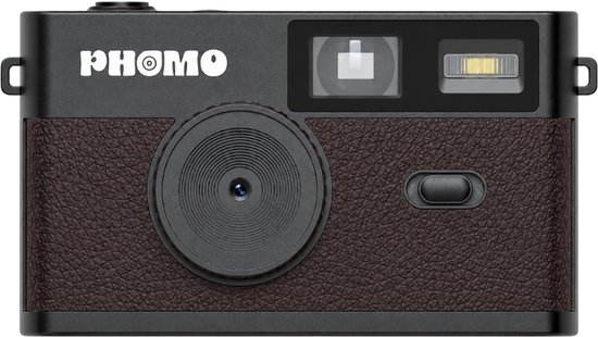 Zwarte Phomo camera met bruin lederen textuur op de voorkant, een lens, flits en 'PHOMO' logo.