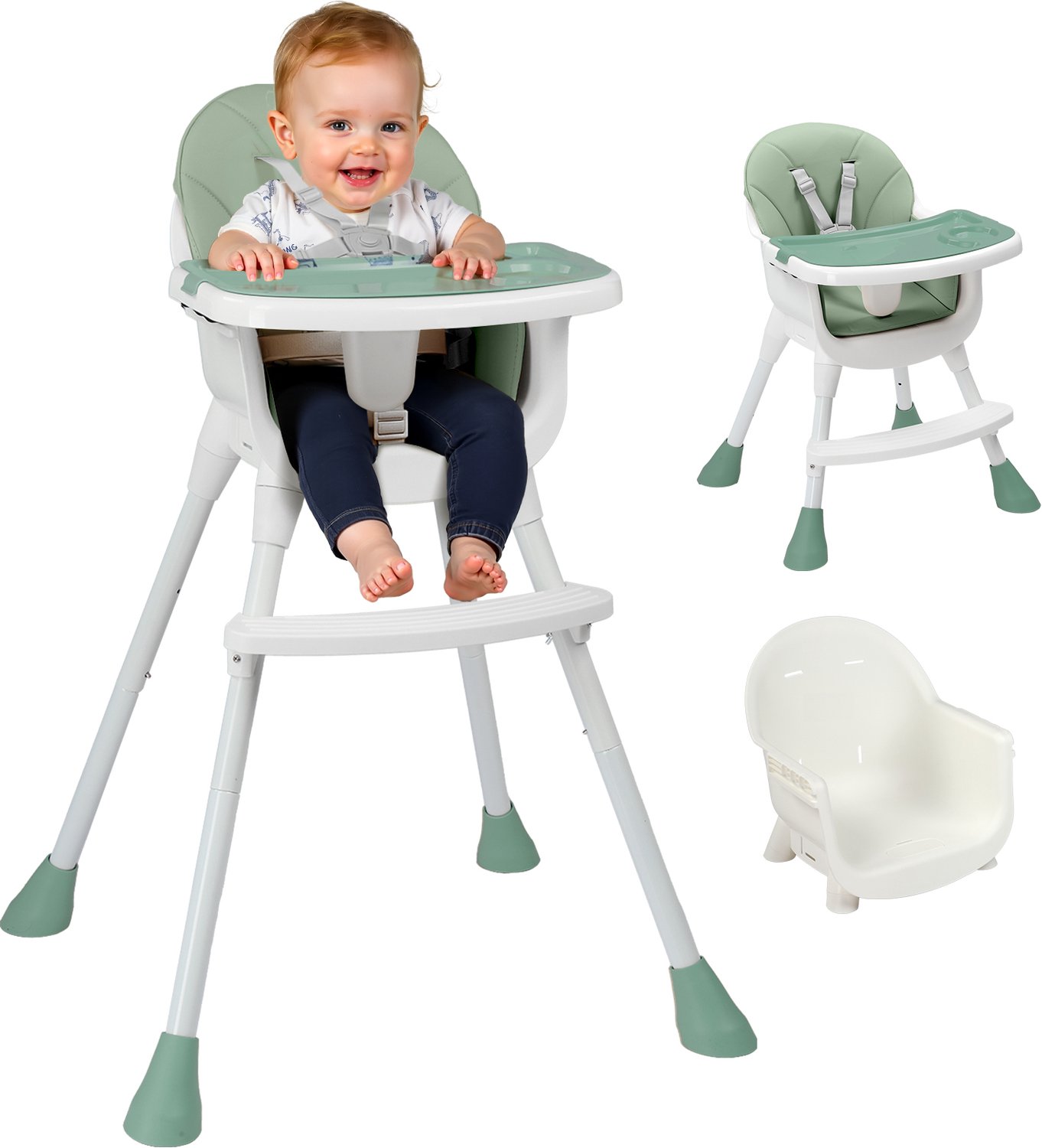 Kinderstoel voor baby en kind - LEADZM - Verstelbare en opvouwbare kinderstoel, Verwijderbaar plateau, Vijfpuntsveiligheidsgordel - Groen