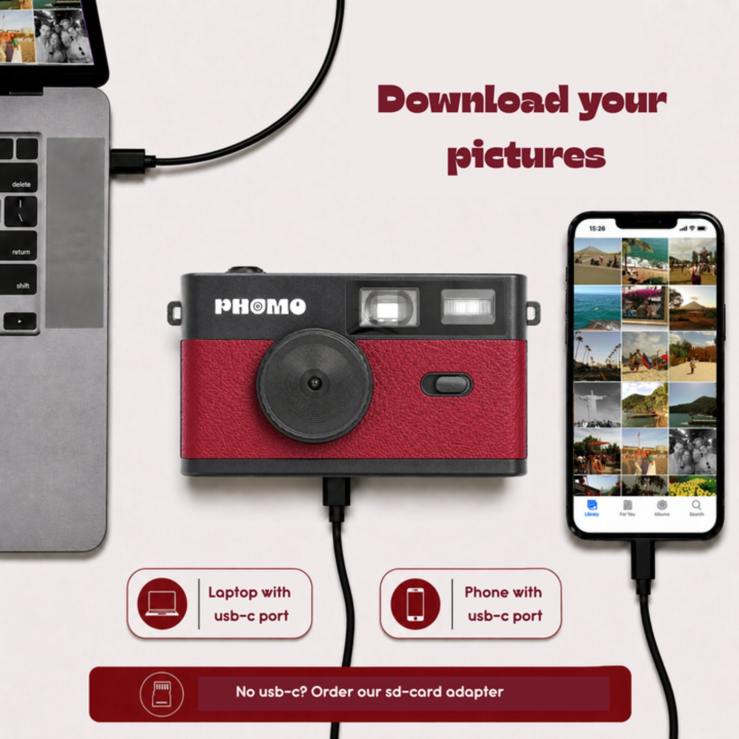Phomo Digitale Retro Camera - Compact Camera - 8MP - 4 Retrofilters - Flits - SD-kaart - USB-C - Bordeauxrood thumbnail 4