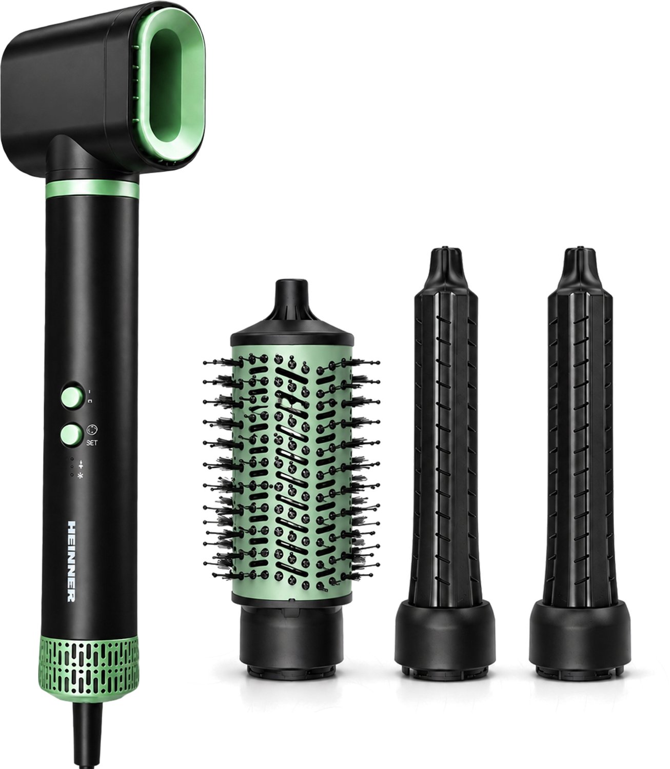 Heinner Professionele Föhn – 1500 W – BLDC Motor – Ionisatiefunctie – Koude Lucht – Zelfreinigende Functie – 2 Snelheden – 3 Temperatuurstanden – 4 Accessoires – Zwart/Groen