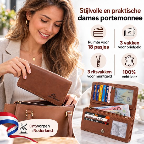 Vrouw met bruine leren portemonnee, met tekst "Stijlvolle en praktische dames portemonnee".