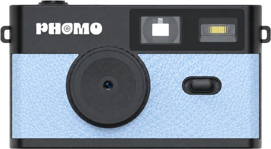 Phomo camera met lichtblauwe, getextureerde body, zwart met "PHOMO" logo op de voorkant.