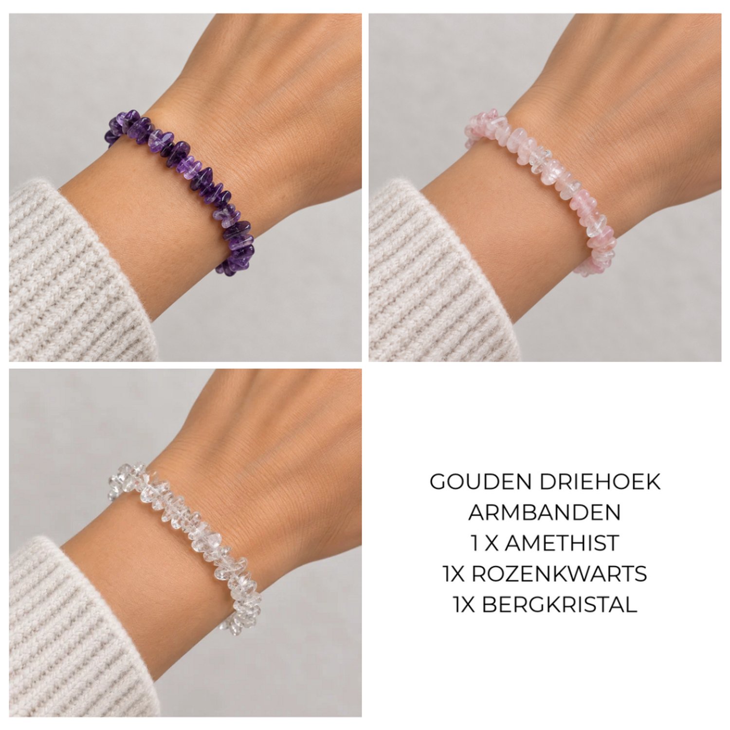 Edelsteen Armbanden Set van 3 – Amethist, Rozenkwarts & Bergkristal – Ruwe Chips – Elastisch – Dames – Natuursteen Sieraden Cadeau