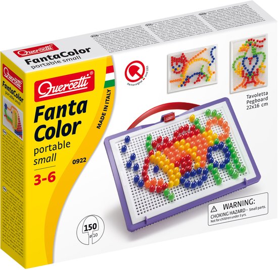 Verpakking van Quercetti Fantacolor portable small mozaïekspel met een paars pegboard en een gemaakte regenboogcreatie. Tekst in meerdere talen.
