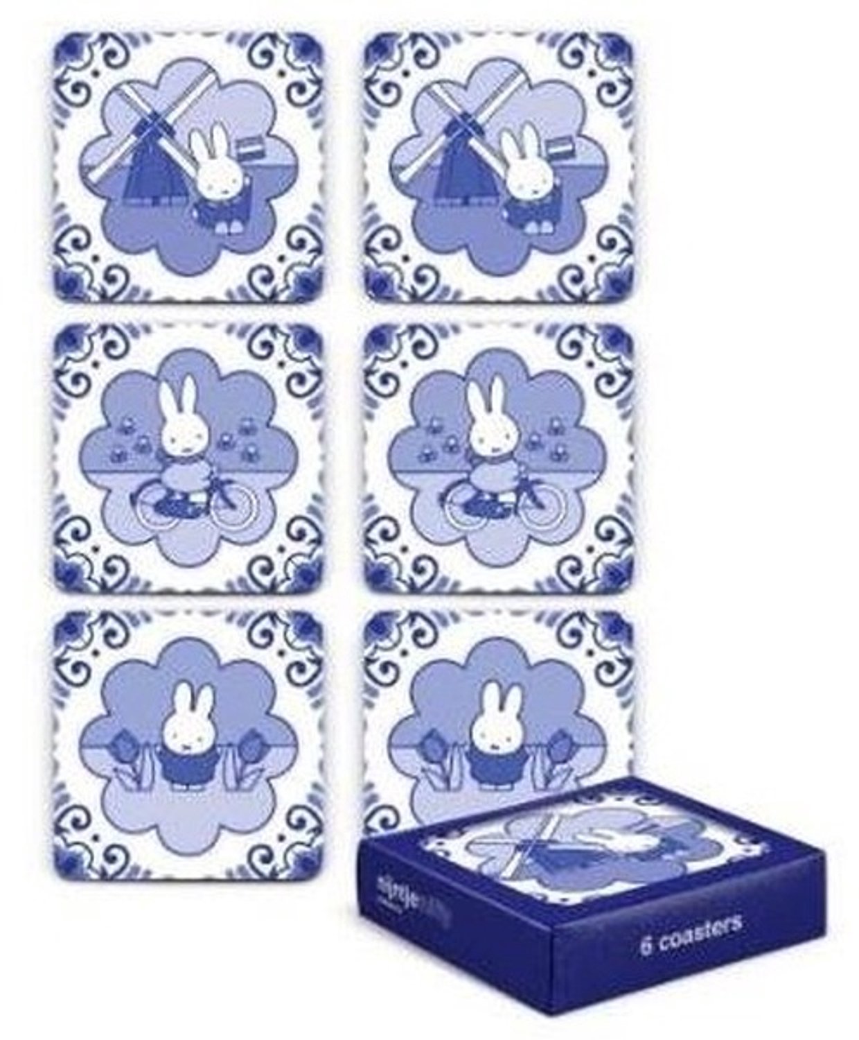 Nijntje onderzetters souvenir molen set - 6 stuks Delfts blauw cadeau.
