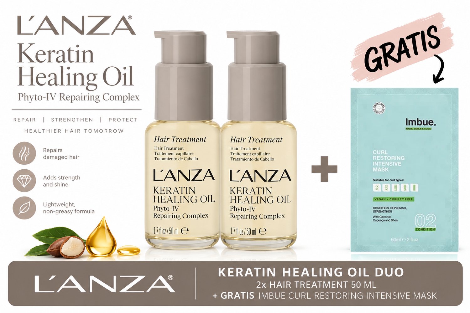 L’ANZA Keratin Healing Oil Hair Treatment Duo + Gratis Imbue Masker