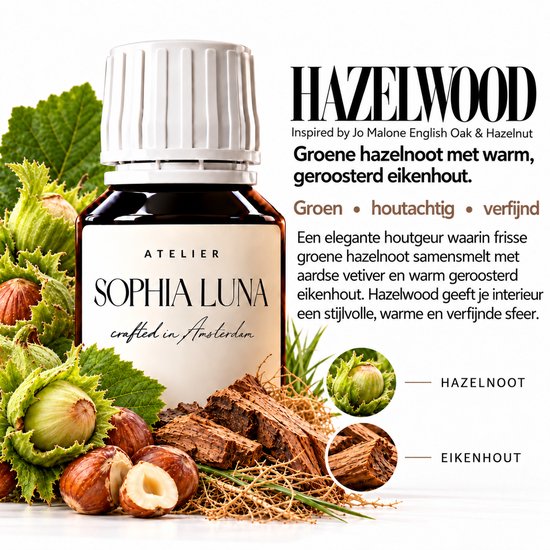 Atelier Sophia Luna Hazelwood geurolie. Groene hazelnoot met warm, geroosterd eikenhout. Groen, houtachtig, verfijnd.