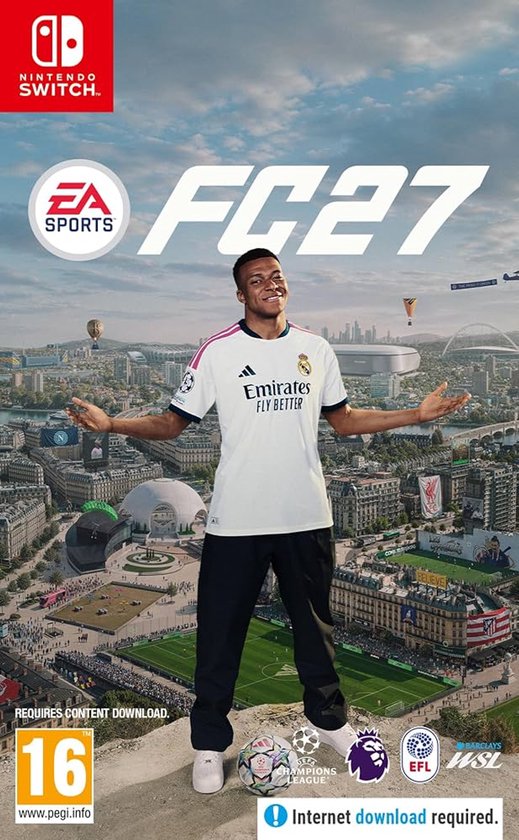 Game cover FC27 voor Nintendo Switch. Een man in wit Real Madrid shirt staat op een heuvel met armen gespreid. Stadsgezicht op achtergrond.