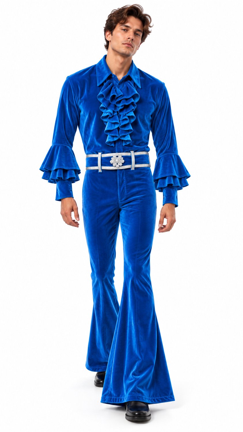 Heren Jaren 70 Disco Kostuum Turquoise Blauw – Fluweel Look – Uitlopende Pijpen – Ruches – Inclusief Riem - maat XL
