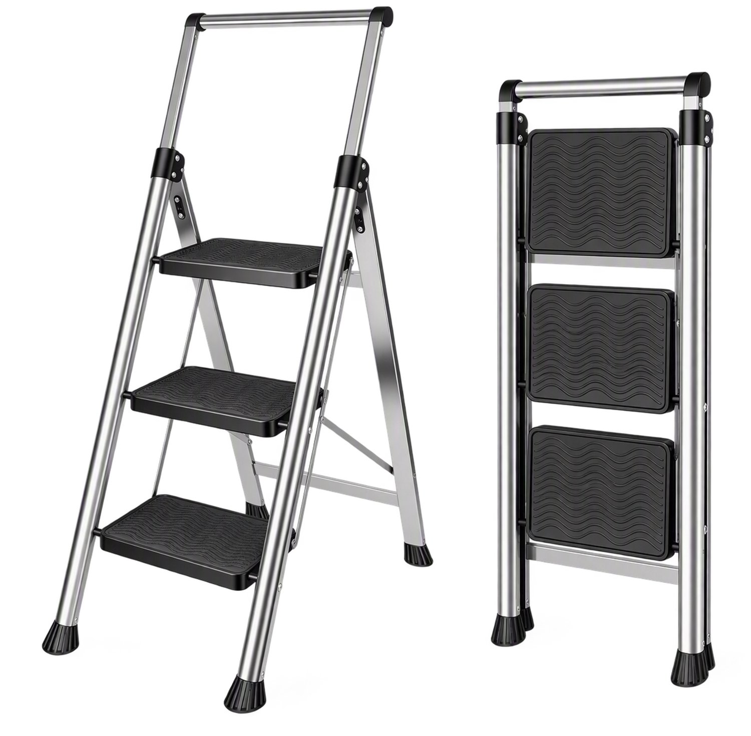 Nutrella - Huishoudladder - Ladder - 3-traps - Opvouwbaar - Antislip - Leuning - 108 x 41 x 70 cm - Maximale belasting: 150 kg - Zilver/Zwart