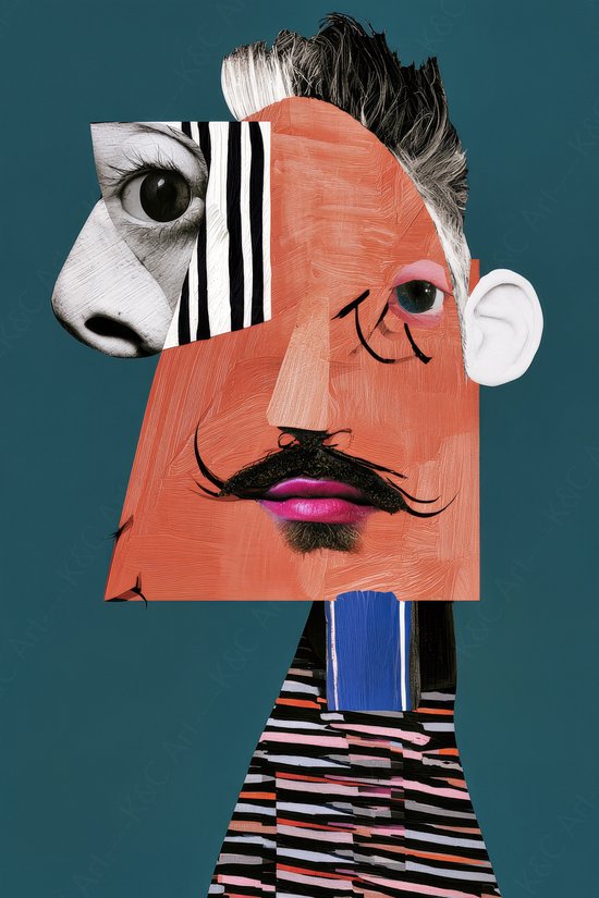 Abstracte collage van een gezicht met een snor, gestreepte patronen en felroze lippen tegen een donkerblauwe achtergrond.
