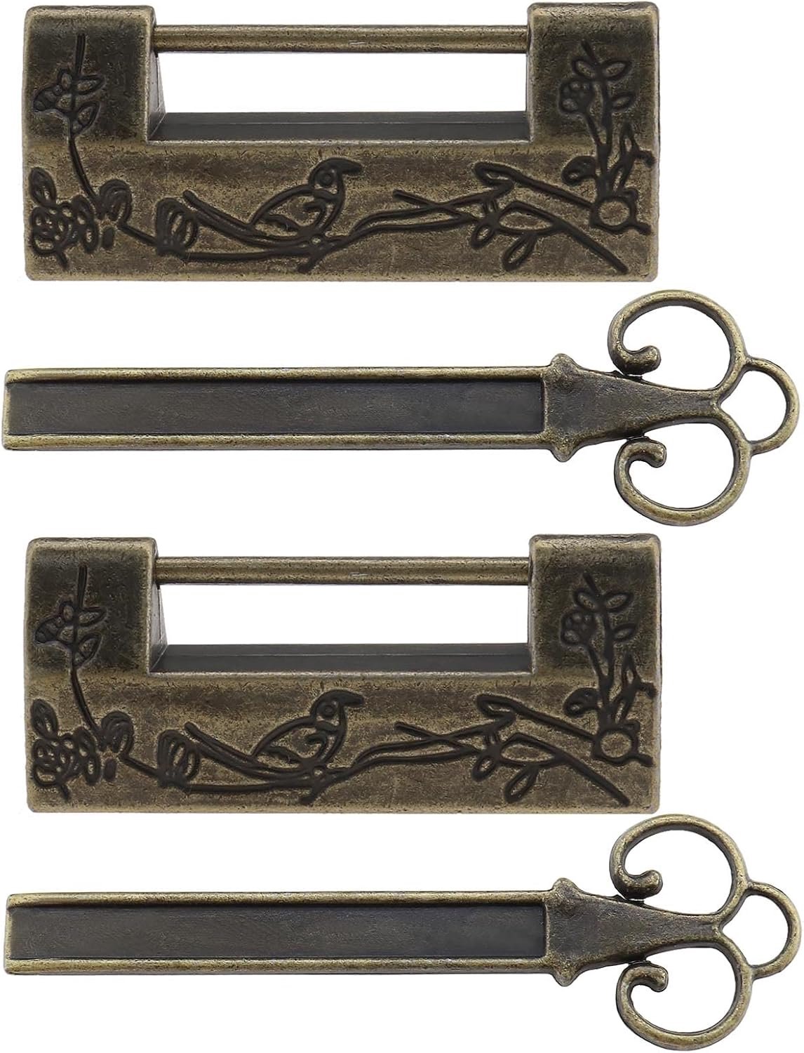 SnelShoppen - 2 Stuks Antieke Hangsloten Met Sleutels - Chinese Stijl Bloemen Vogel Gegraveerde Decoratieve Slot Voor Sieradenboxen, Mini Kasten, Lade