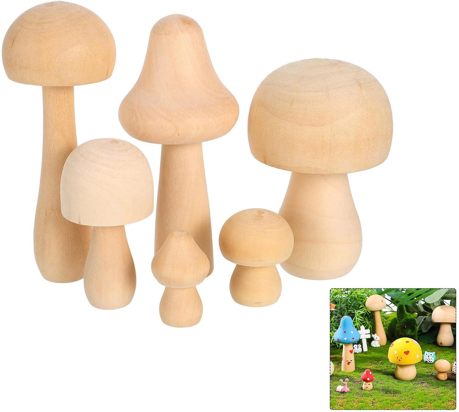 Houten paddenstoelen om te beschilderen, 6-delige set, natuurlijke houten paddenstoelen voor decoratie, creatieve projecten, bos- en tuindecoratie
