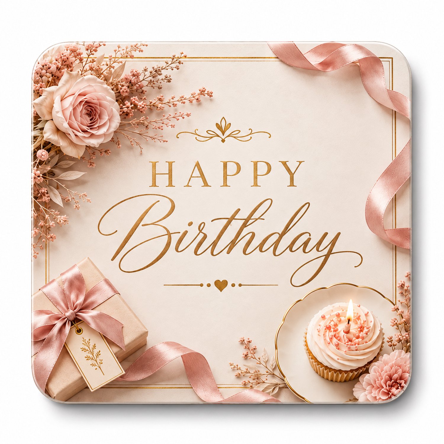 Happy Birthday MDF onderzetter – 10 x 10 cm – Verjaardag Cadeau – Vierkante Onderzetter met Bloemen en Cupcake