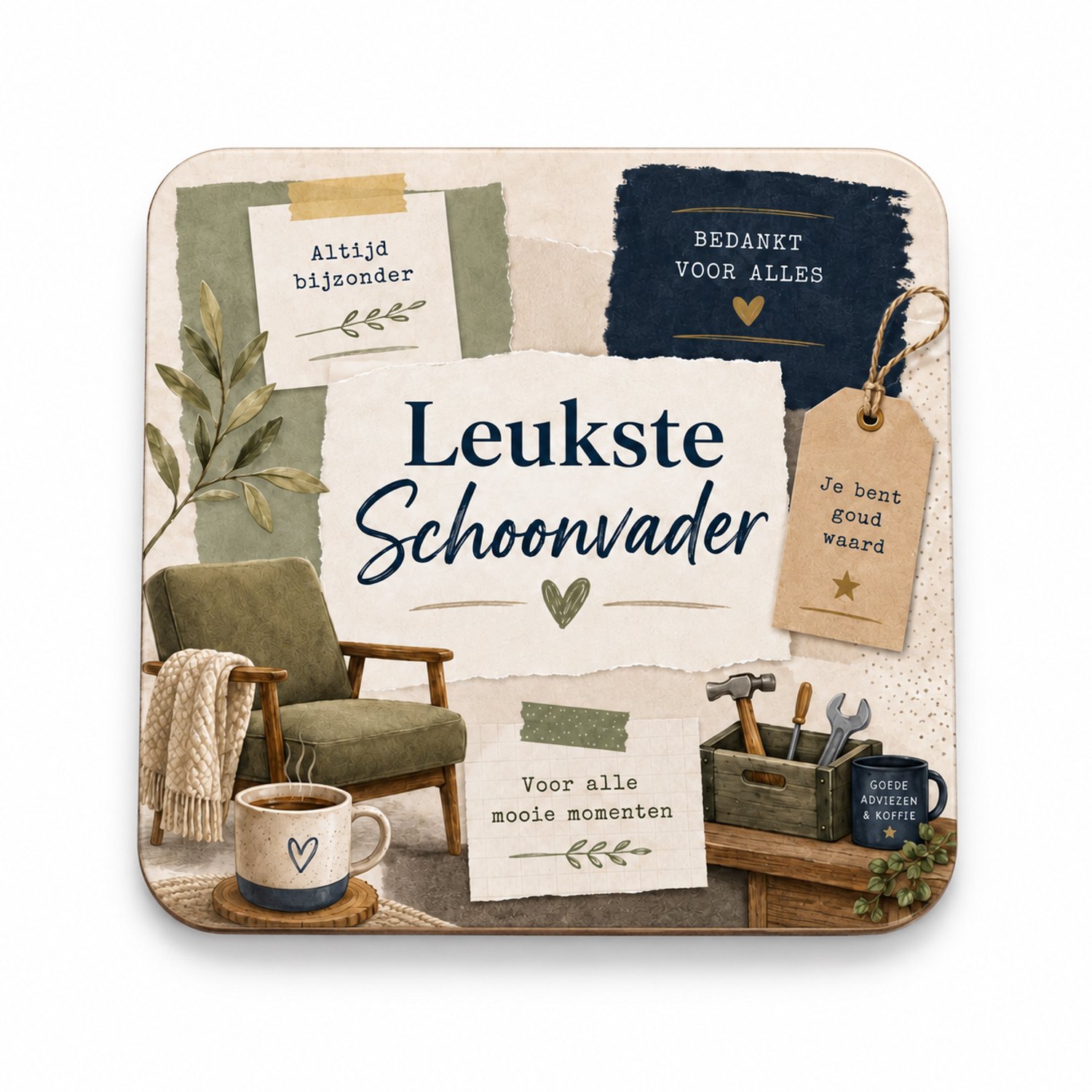 Leukste Schoonvader MDF onderzetter – 10 x 10 cm – Vierkante Onderzetter met Vintage Design – Cadeau voor Schoonvader