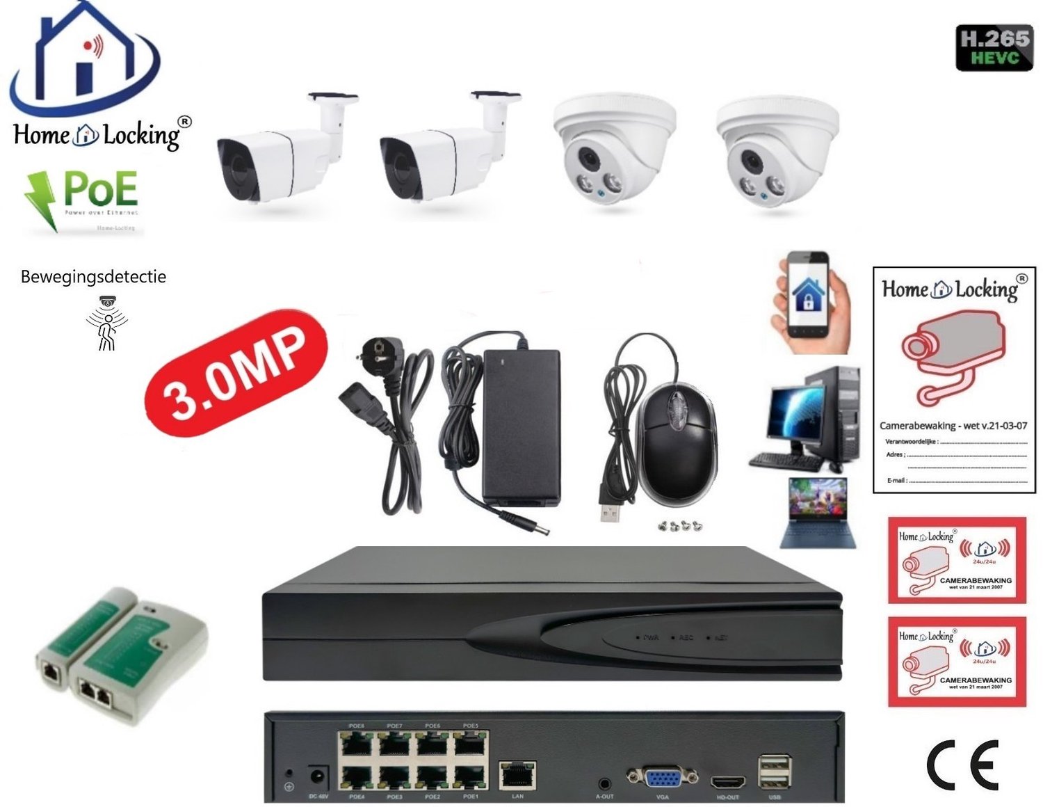 Home-Locking camerasysteem met bewegingsdetectie en NVR 5.0MP H265 POE met 4 camera's 3.0MP CS-4-1473
