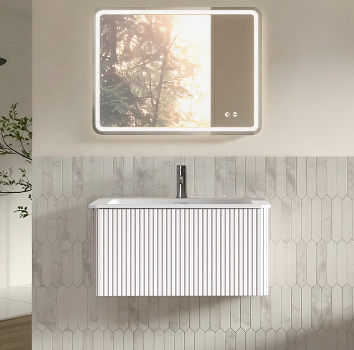 FloraGrace Badkamer Wastafelmeubel Set Met Spiegel - Wandmontage En Voorgemonteerd - Met LED Spiegel En Lade - Wit - 80 Cm En 60x80 Cm