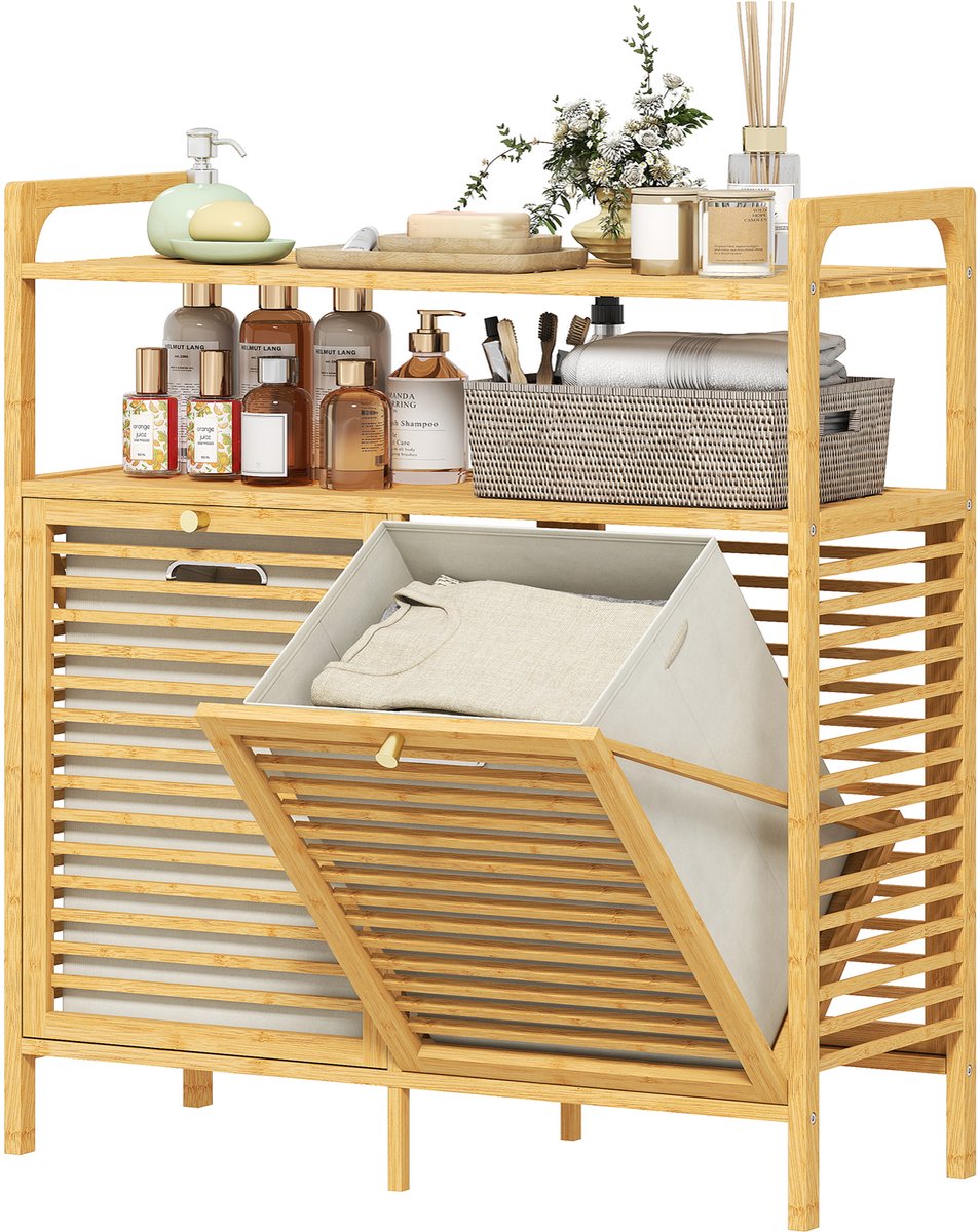 laundry basket with 2 compartments each 41 L made of bamboo 82 x 13 x 88 cm natural | 2 shelves - laundry rack with handles