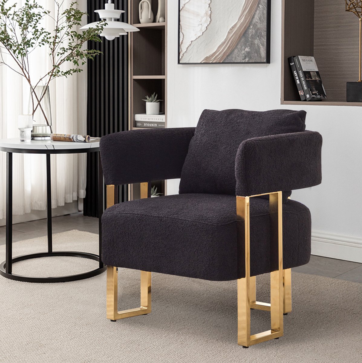 OKWISH Fauteuil - Eenpersoons Armstoel - Met Armleuningen En Comfortabel Zitkussen - Voor Woonkamer, Slaapkamer En Balkon - Fluweel - Zwart