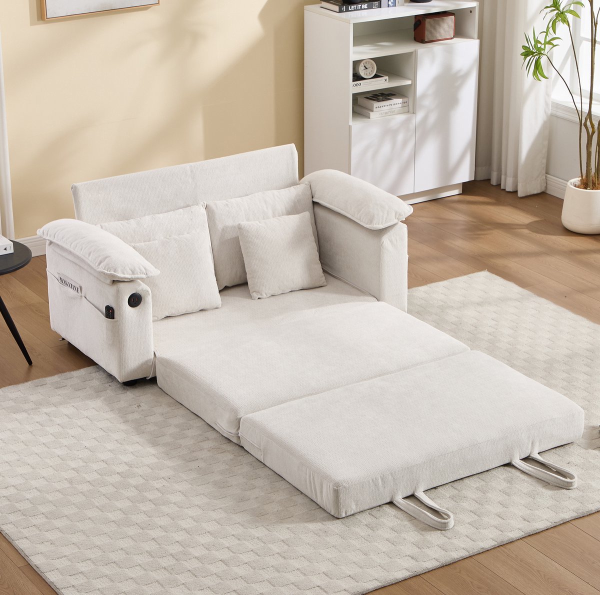 OKWISH Slaapbank 2-Zits - Uitklapbare Futon Met Zijvakken En Kussens - Comfortabel Zitten En Slapen In Woonkamer Of Slaapkamer - Chenille - Wit