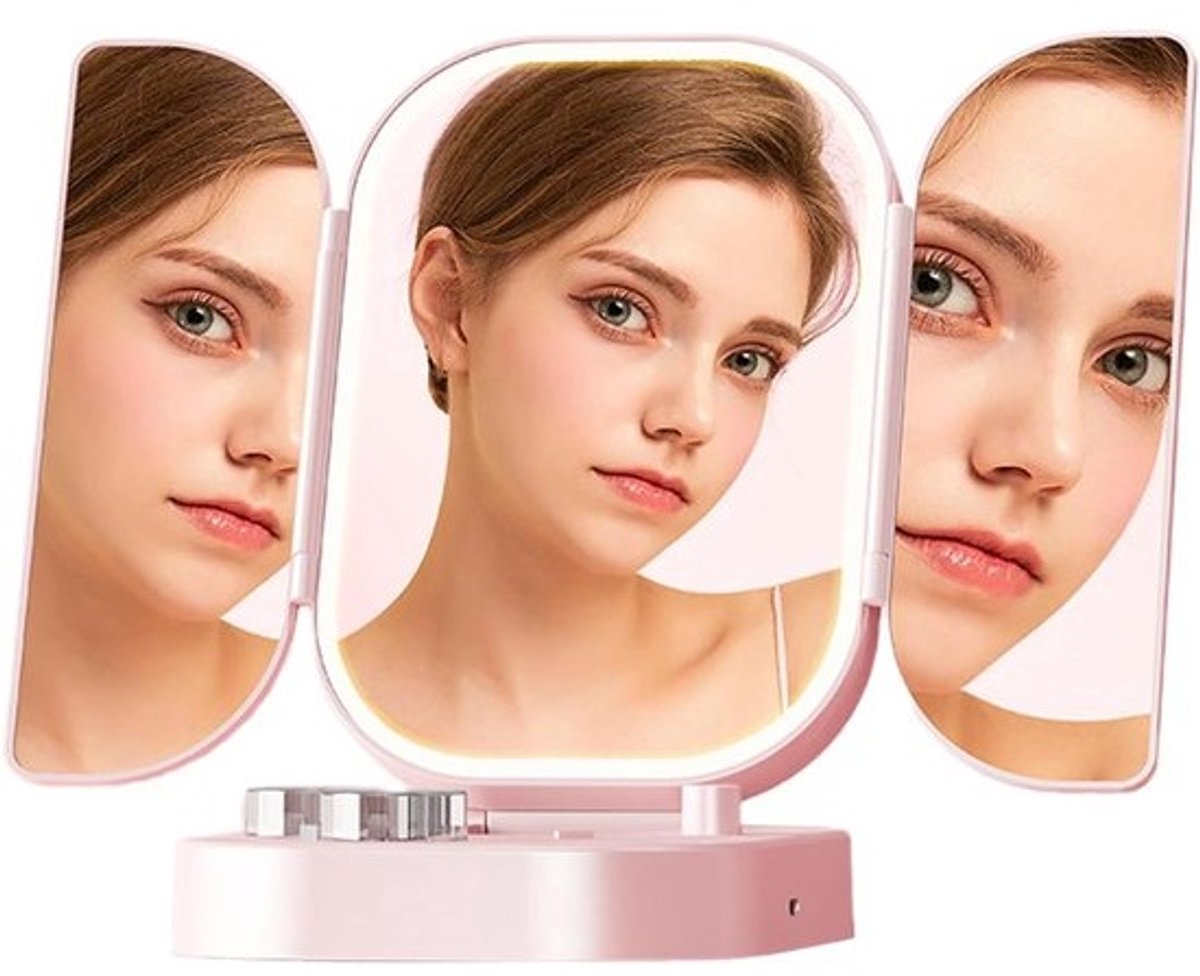 Opvouwbare Spiegel - Make-up spiegel - Snel opmaken - Verstelbaar LED-licht - 17x13x5 cm - Roze