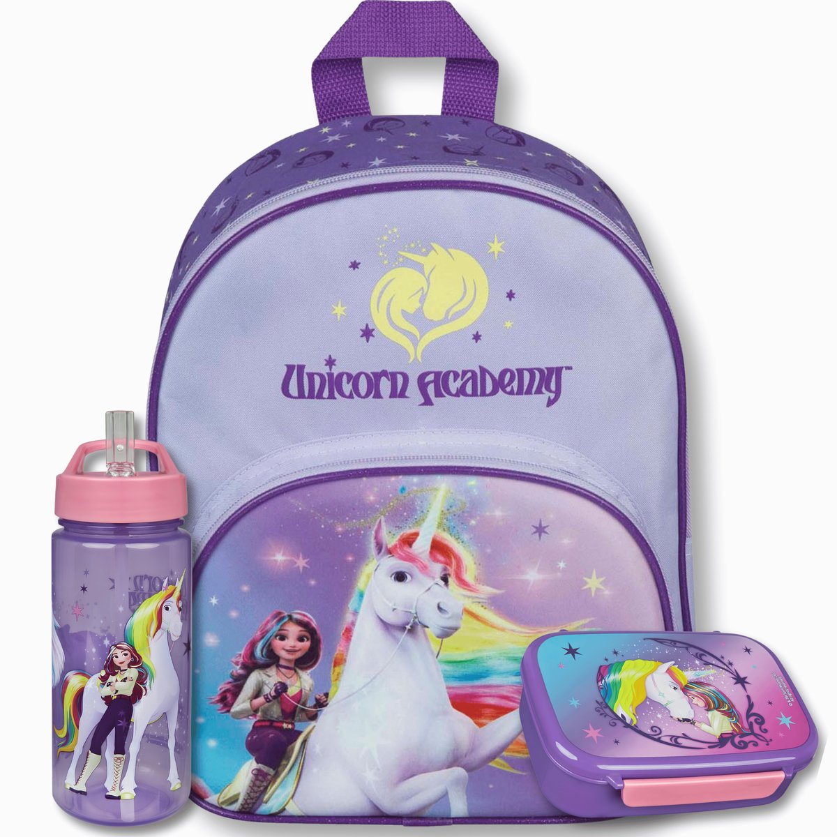Unicorn Academy Schooltas set Meisjes 3-Delig – Rugzak, Lunchbox & Drinkfles – BPA Vrij – Paars – Schooltas Kinderen