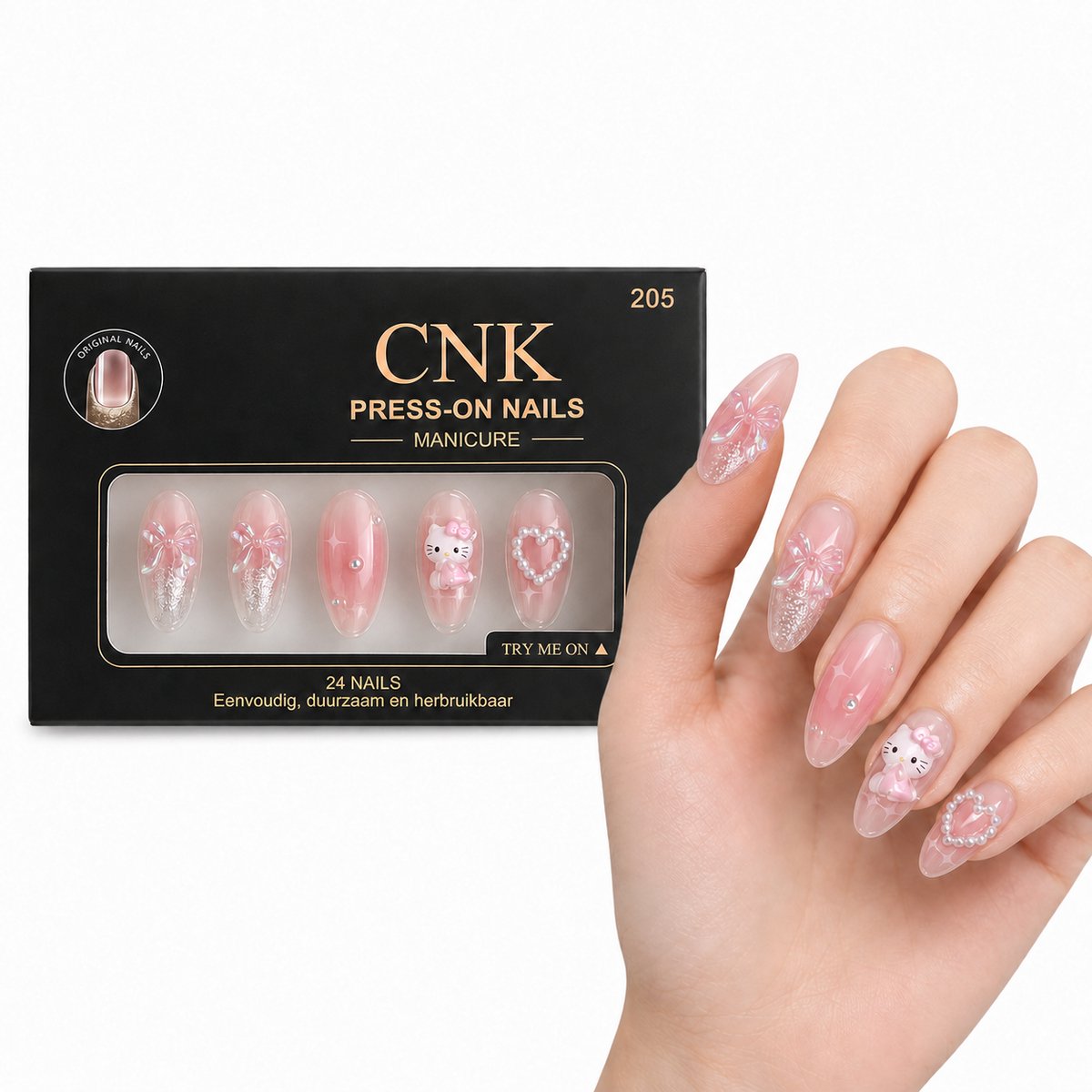CNK 205 Press On Nails - Plaknagels - 24 Kunstnagels met Nagellijm, 24 Zelfklevende Plakstickers, Cleaner Wipe, Nagelvijl, Woodstick & Size Matcher - Nepnagels voor 7-14 Dagen - Herbruikbare Press-On Nagels - Starterspakket voor Manicure & Nail Art