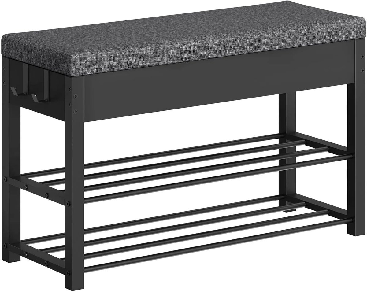 Klarven® Opbergbank Zwart met donkergrijs - Schoenenrek met Zitting en Opbergruimte, 2 Open Planken voor 8 Paar Schoenen, Metalen Frame, Draagvermogen 136 kg - B 80 x D 30 x H 50 cm