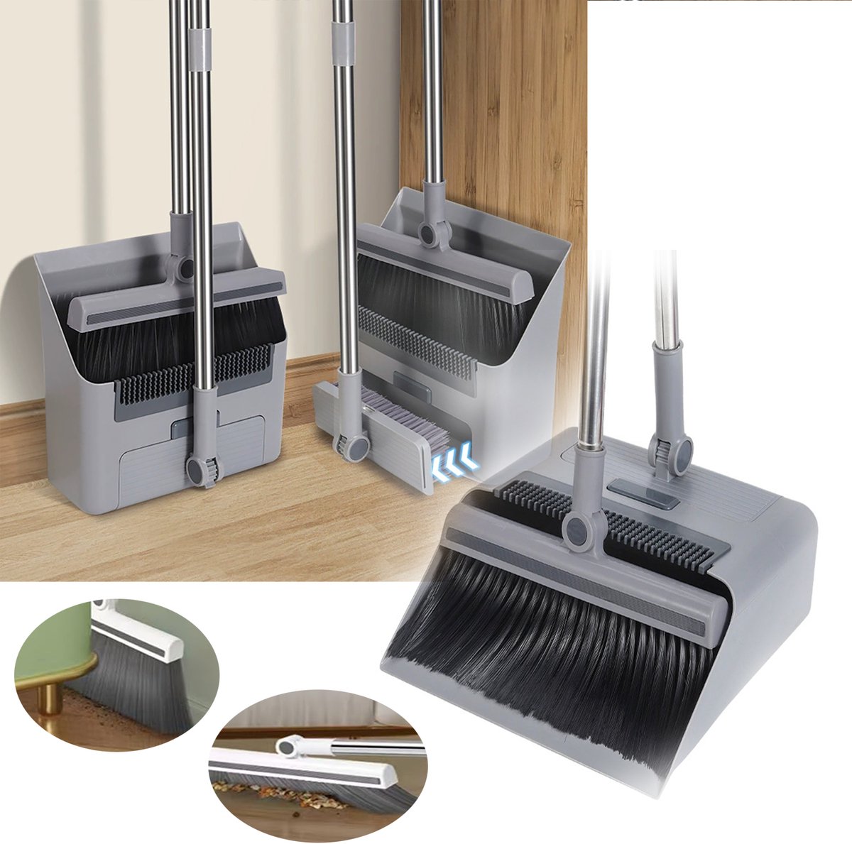 3-In-1 Stoffer en Blik Sets, Bezem Met Stoffer en Blik Combinatieset, 180° Flexibele Rotatie, 90° Opklapbare Opbergruimte