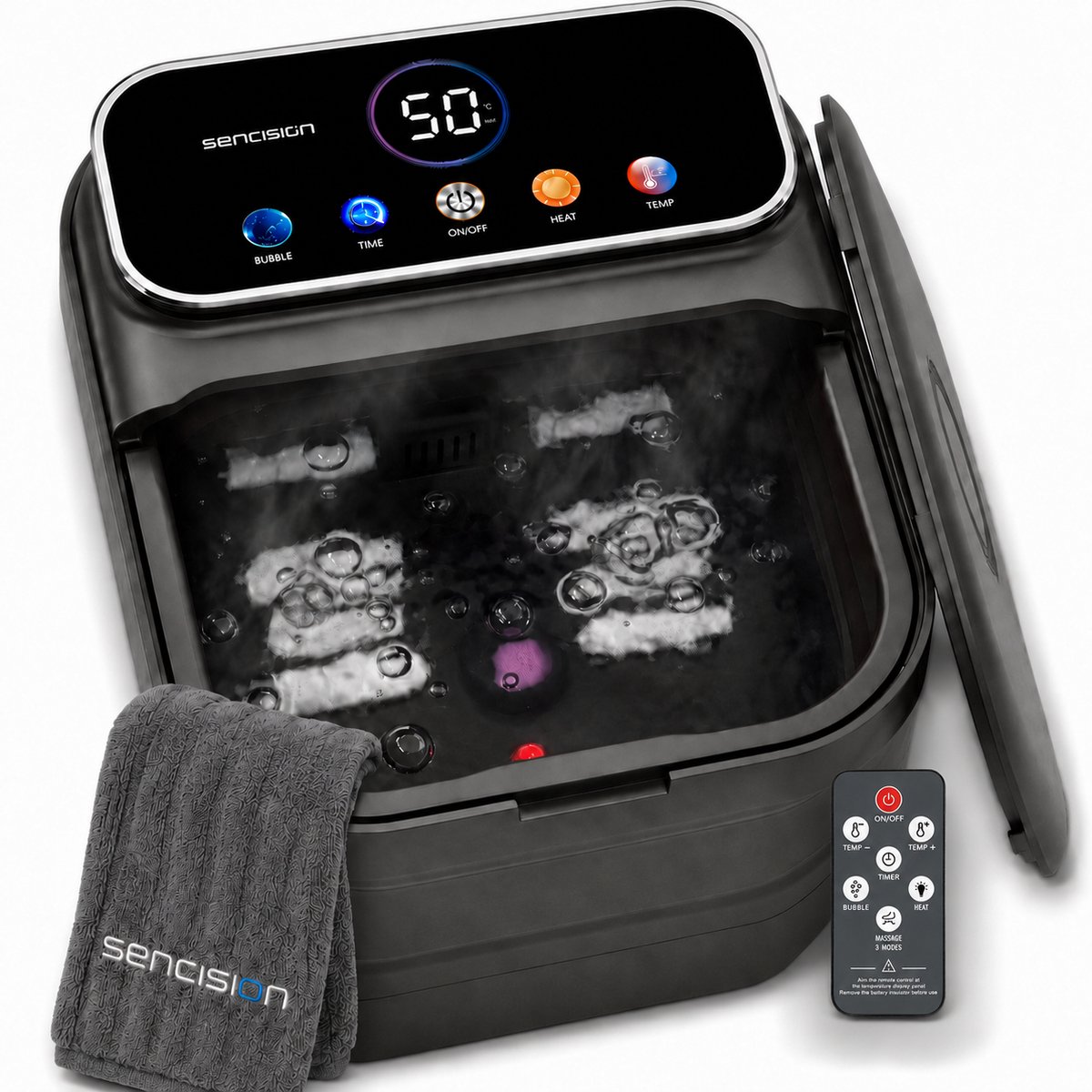 Sencision Voetenbad met Verwarming, Massage en Bubbels - Voetbad Elektrisch met Rollers - Opvouwbaar - Voetenbaden - 35°C tot 48°C - Timer - Afstandsbediening - Zwart