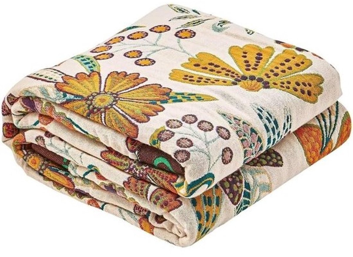 Boho Plaid - Katoenen Deken - Bed Decoratie - Omkeerbaar Bloemenpatroon - 203x229 cm - Wit