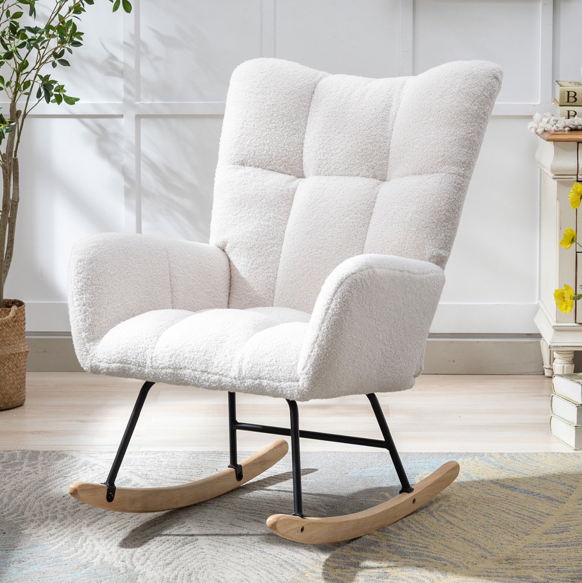 OKWISH Schommelstoel 65 x 77 x 90 cm - Ergonomisch Met Armleuningen En Zijvak - Voor Woonkamer Of Babykamer - Hout En Stof - Wit