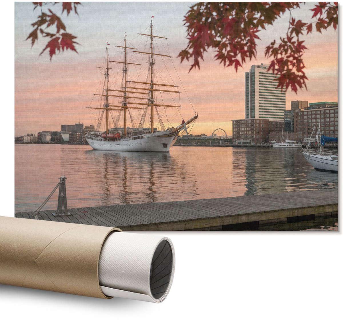 Coloray Polycanvas Wandposter – Een Zeilschip en een Panorama, Blauw – A1 – Grijs Motief – Rechthoek – Canvas Wandposter – Slaapkamer – Klassiek