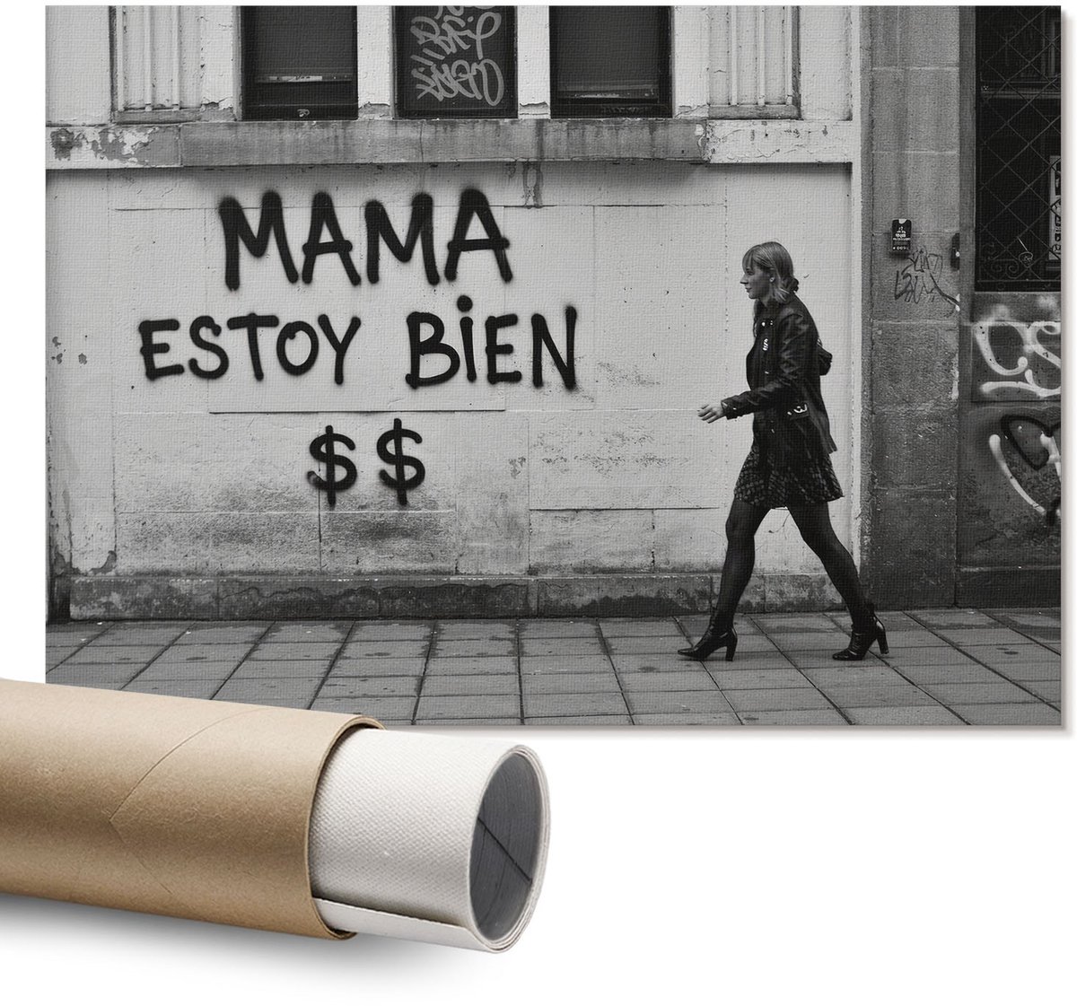 Coloray Polycanvas Wandposter – Graffitistraat, Zwart – A1 – Zwart-Wit Illustratie – Rechthoek – Canvas Wandposter – Woonkamer – Modern