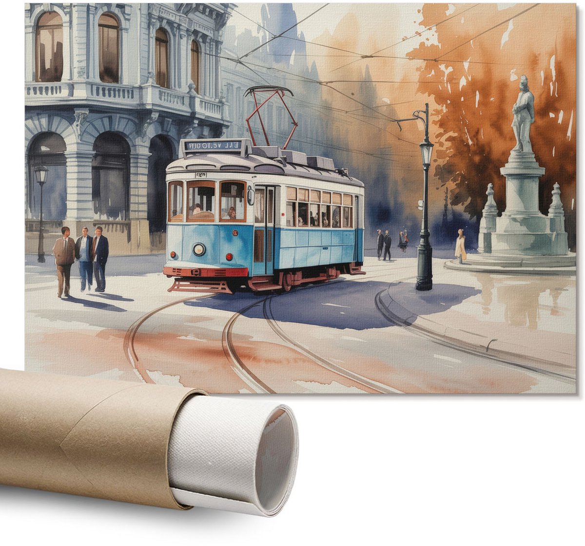 Coloray Polycanvas Wandposter – Stadstram, Blauw – A1 – Rood Kunstwerk – Rechthoek – Muurdecoratie – Slaapkamer – Rustiek