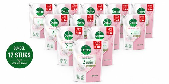 Twaalf Dettol antibacteriële navulverpakkingen handzeep voor de gevoelige huid, met '75% minder plastic' logo, in pastelroze met witte tekst.