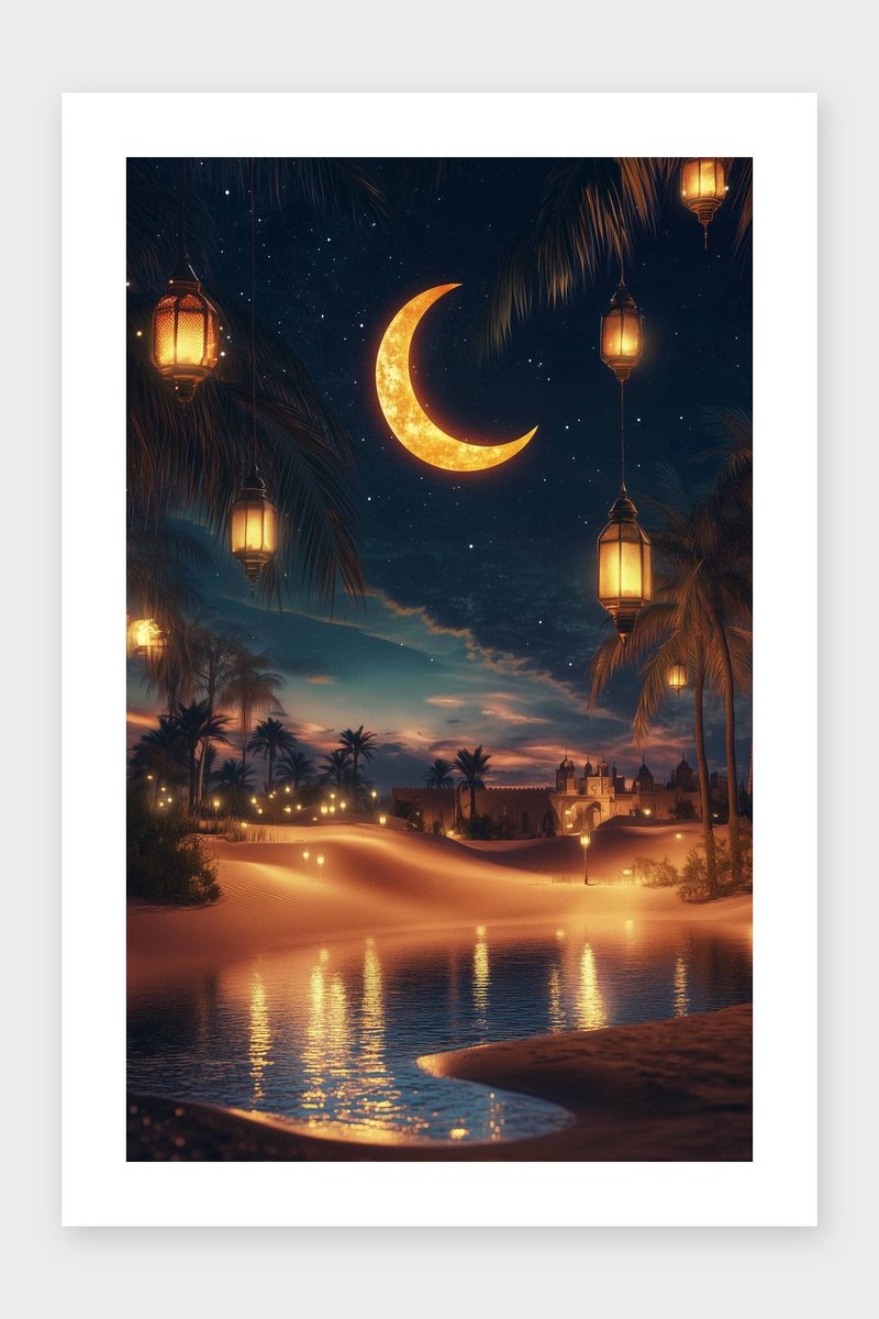 Oase Poster - Woestijn - Halve Maan - Natuur - Avontuur - Vakantie - Dromerig - posters - formaat 30x40cm - Wanddecoratie - BXS5299BY - Met kader - passe-partouts stijl