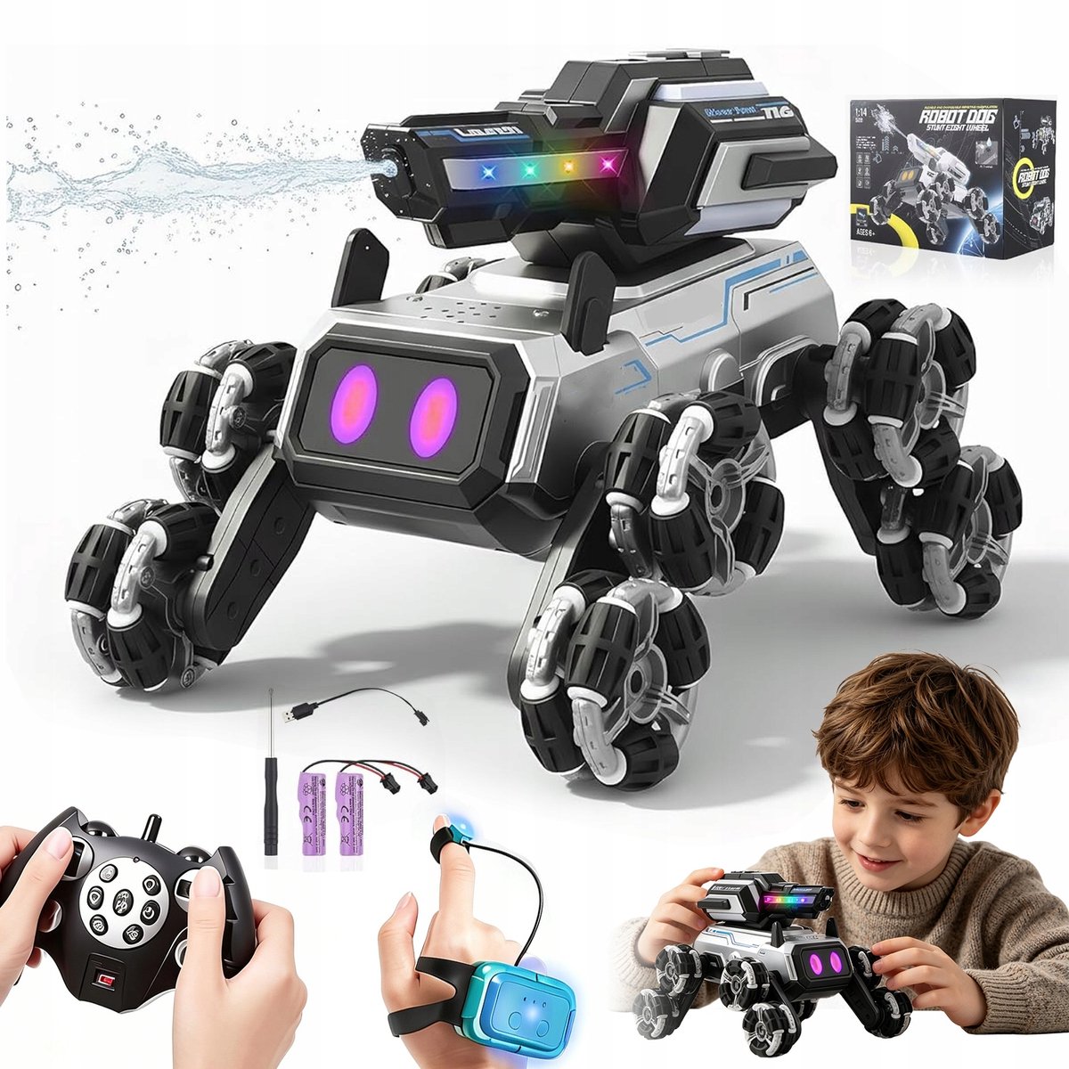 RC Robot Hond met 8 Wielen - Interactieve Speelgoed Robothond - Intelligente Speelgoedrobot - RGB Verlichting & Geluid & 360° Rotatie - 8 Stunts - Waterpistool 100ml - Afstandsbediening & Handgebaren - Voor Jongens & Meisjes - Cadeau
