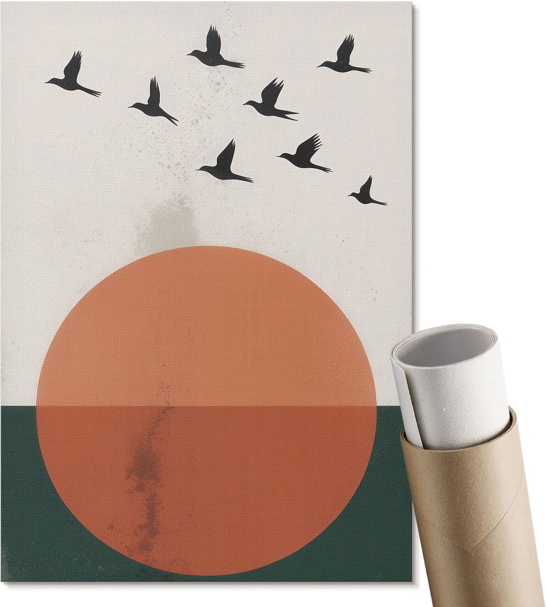 Coloray Polycanvas Wandposter - Vogels En De Zon, Illustratie - A4 - Oranje Kunst - Rechthoek - Wandkunstwerk - Woonkamer, Slaapkamer, Kantoor - Modern